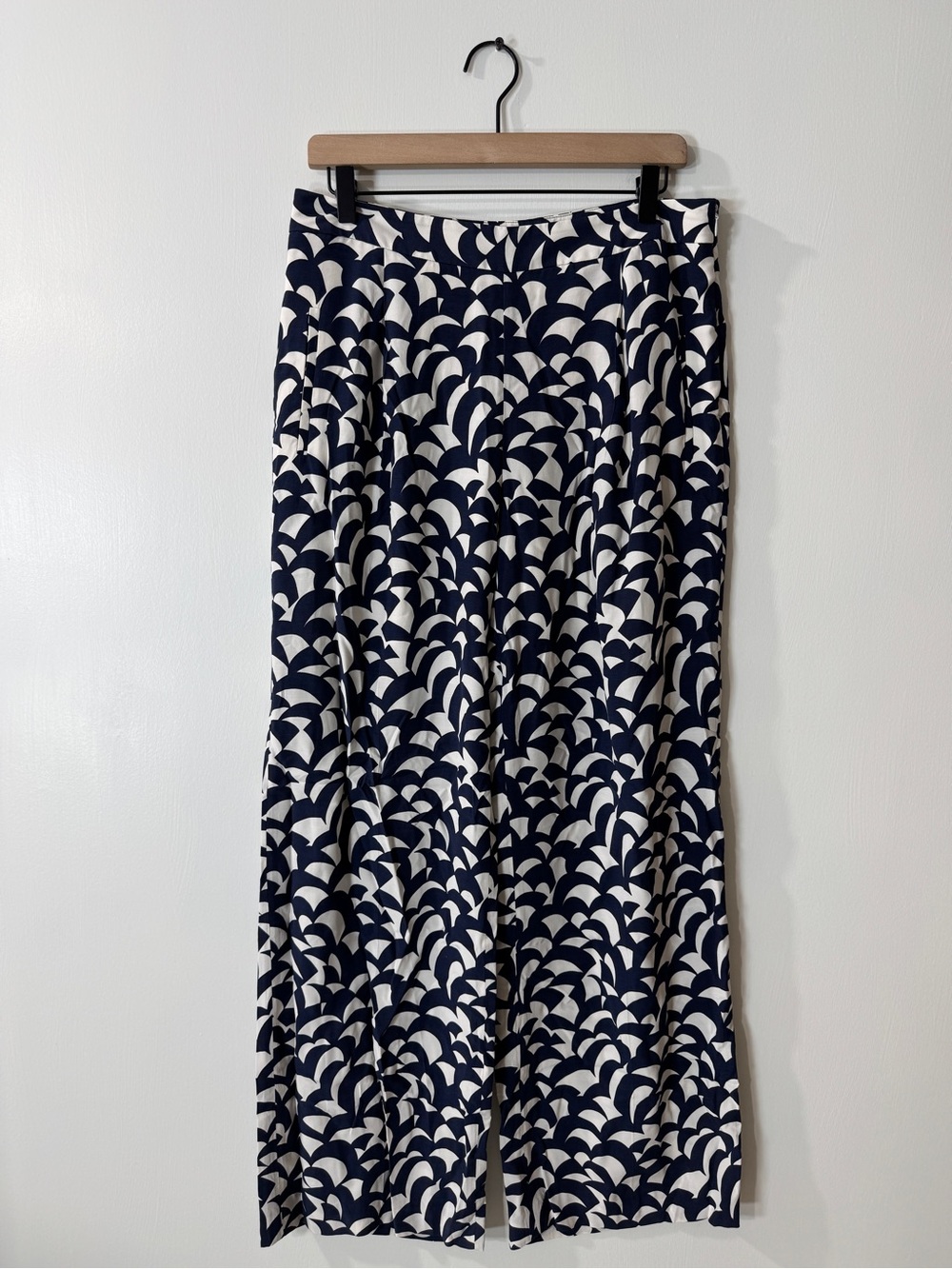 WP26 {Boden} Blue White Elastic Waist Size Zipper Loose Wide Leg Dress Pants